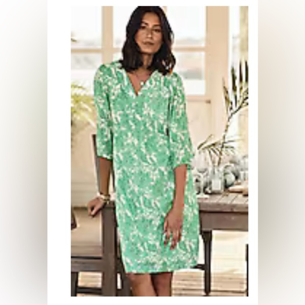 J. Jill Green and White A Line Swing Dress with V-Neckline, Above the knee